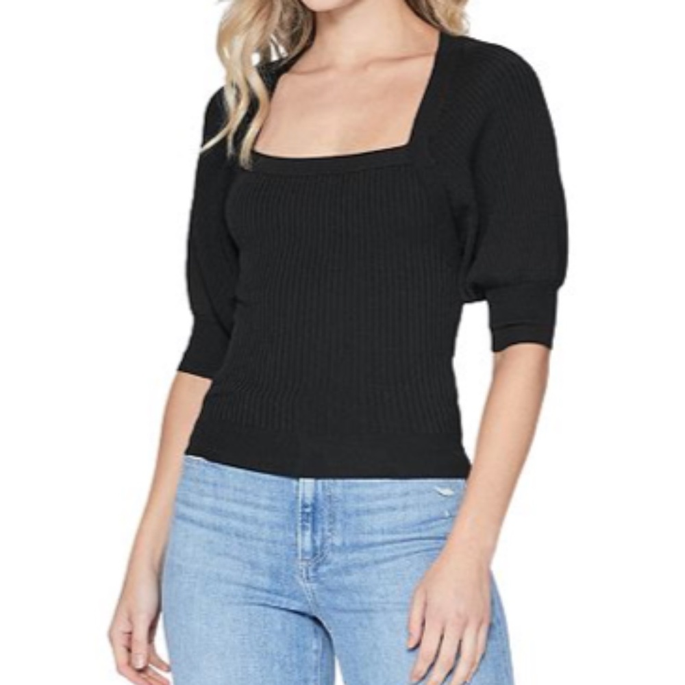 PAIGE Eponine Black Ribbed Square-Neck Short Sleeve Sweater
